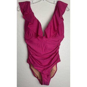 NEW J. Crew Ruched Deep V Plunge Ruffle One‎ Piece Swimsuit Sz 12 Pink 1462
